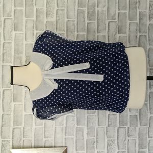 Navy Blue & White Polka Dot Blouse w/ Ribbon Tie; Small